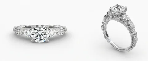 A cathedral engagement ring setting, face up and from the side