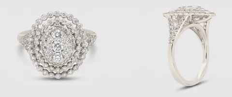 A cluster engagement ring setting, face up and from the side