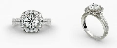 A halo engagement ring, face up and in profile
