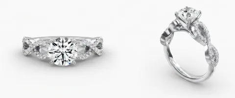 A infinity twist engagement ring setting, face up and from the side