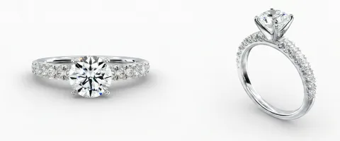 A pav&eacute; engagement ring, face up and in profile