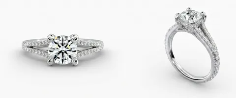 A split-shank engagement ring setting, face up and from the side