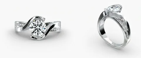 A tension engagement ring setting, face up and from the side