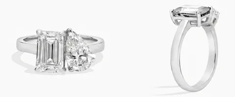 A two-stone engagement ring setting, face up and from the side