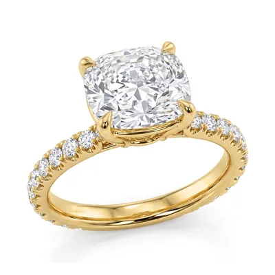 A cushion cut diamond in an engagement ring